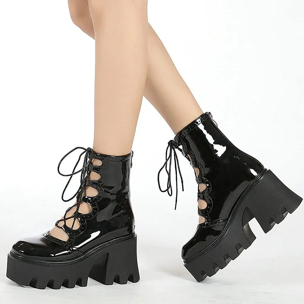 Meefit Women Patent Leather Goth Chunky Platform Boots Gladiator Lace Up Ankle Boots