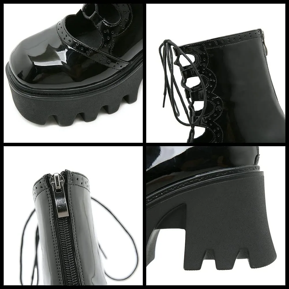Meefit Women Patent Leather Goth Chunky Platform Boots Gladiator Lace Up Ankle Boots