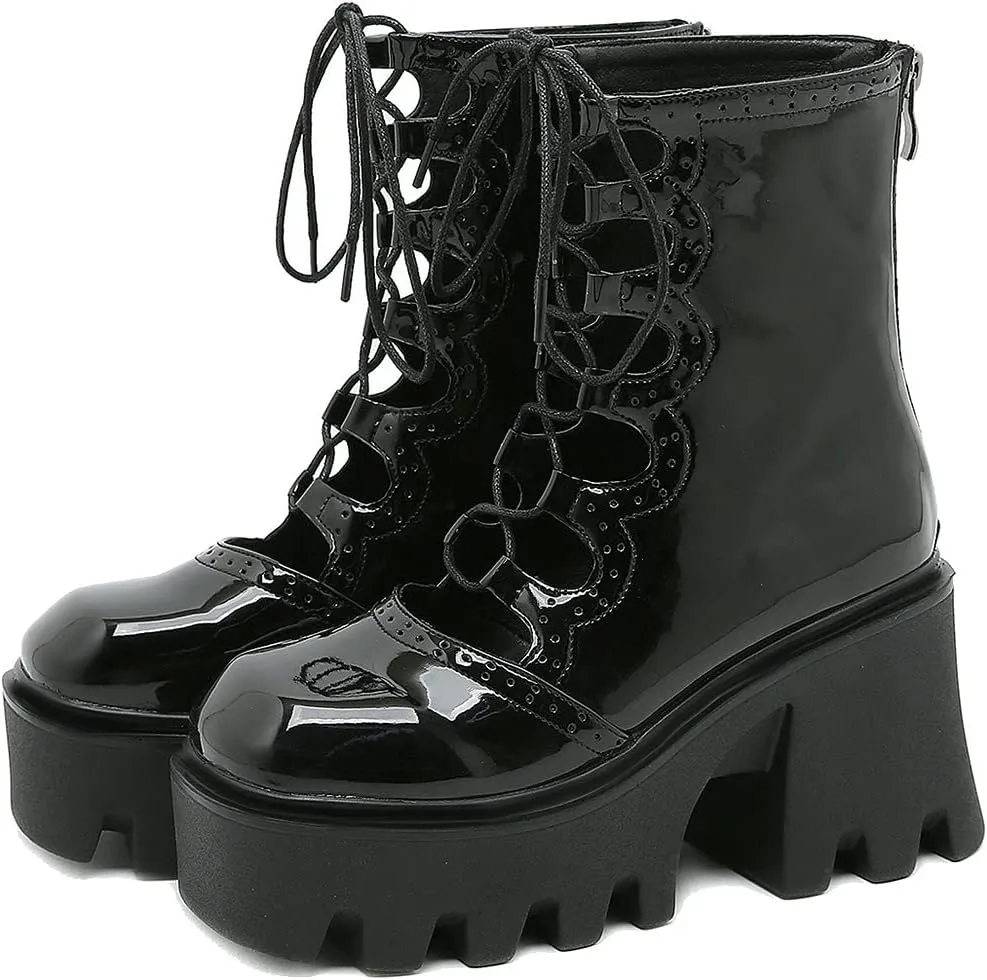 Meefit Women Patent Leather Goth Chunky Platform Boots Gladiator Lace Up Ankle Boots