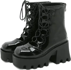 Meefit Women Patent Leather Goth Chunky Platform Boots Gladiator Lace Up Ankle Boots