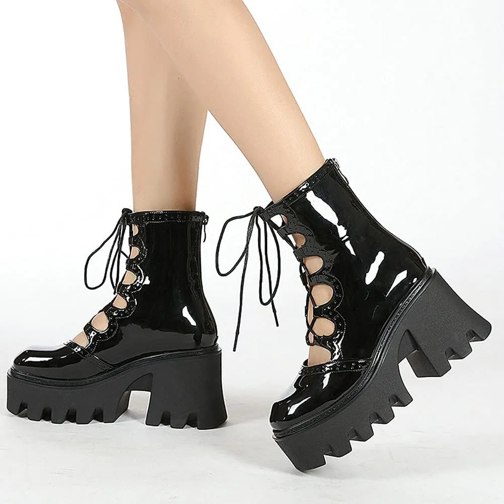 Meefit Women Patent Leather Goth Chunky Platform Boots Gladiator Lace Up Ankle Boots