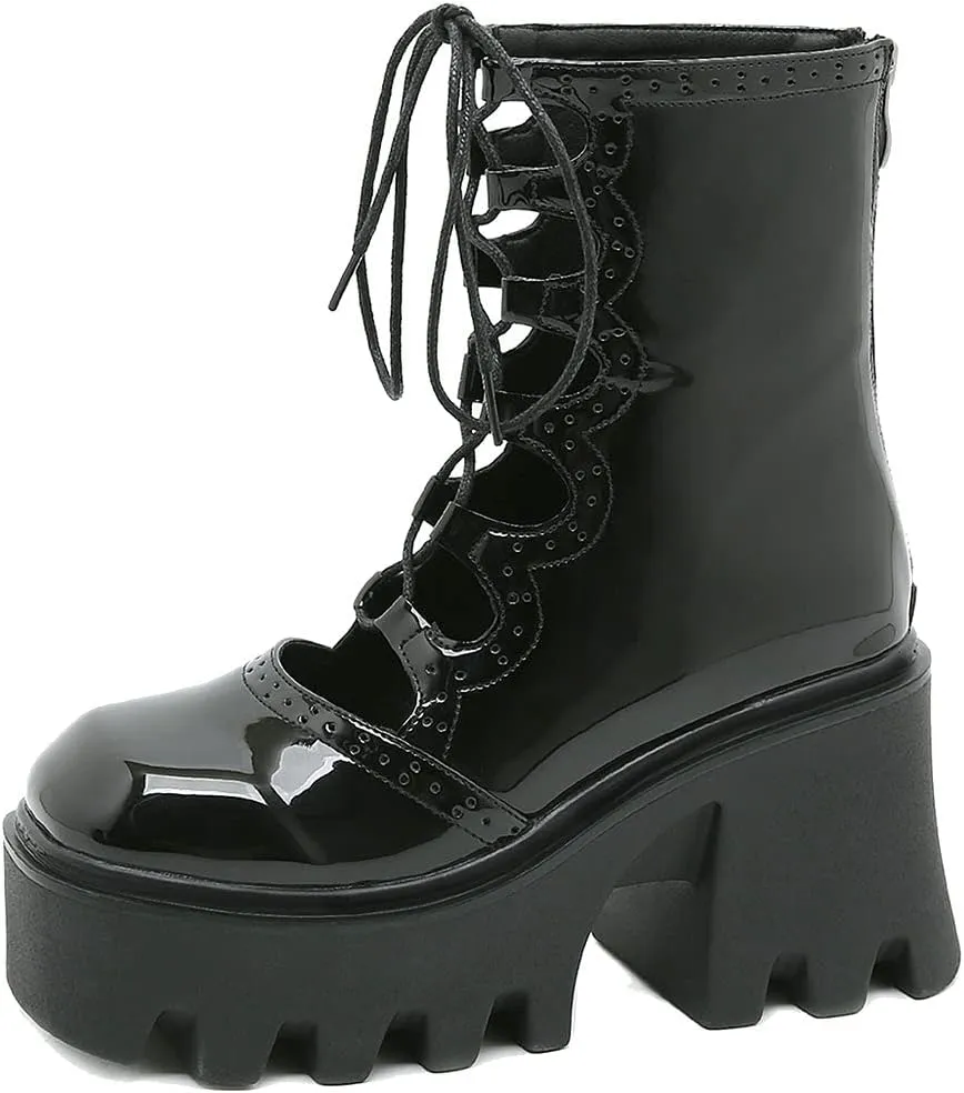 Meefit Women Patent Leather Goth Chunky Platform Boots Gladiator Lace Up Ankle Boots