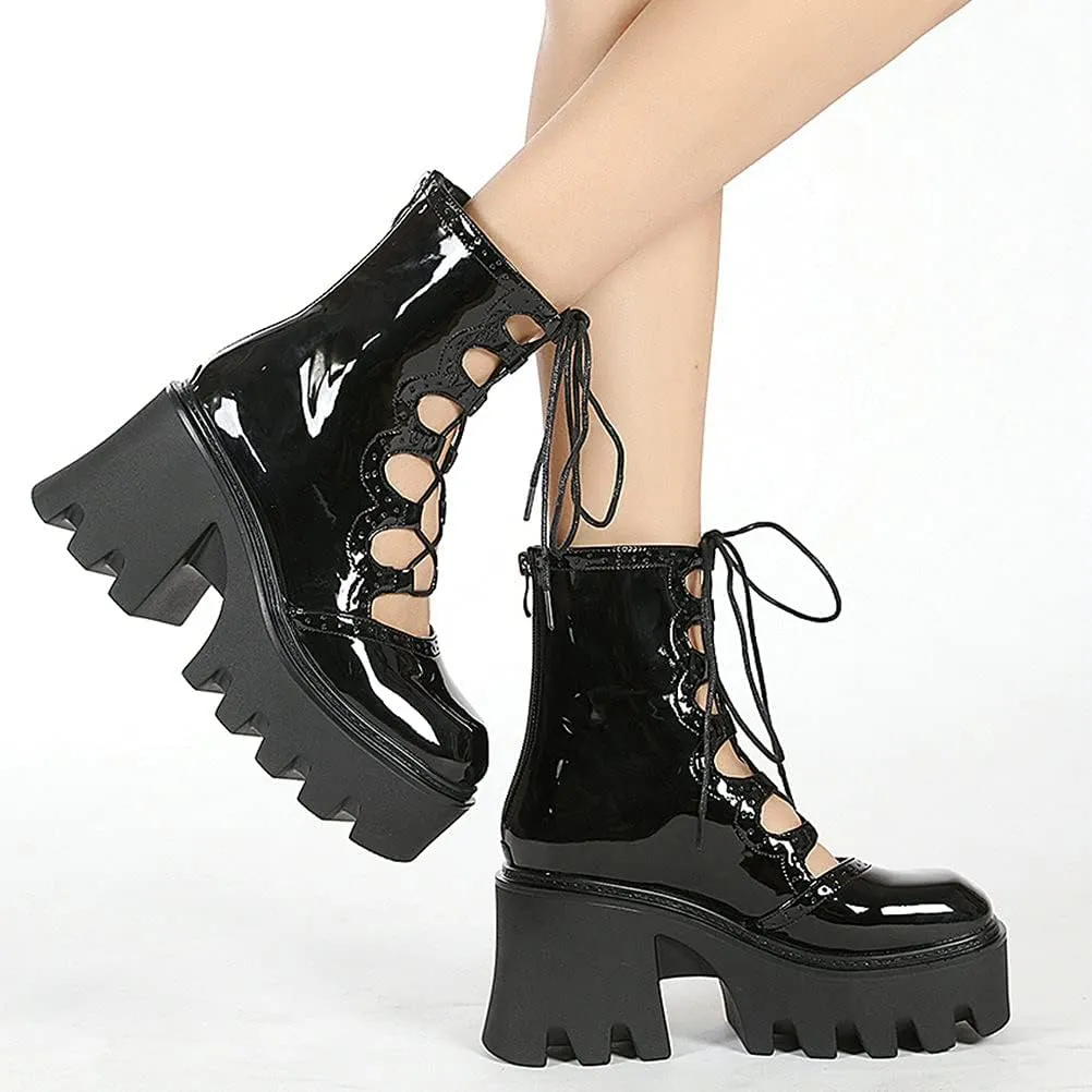 Meefit Women Patent Leather Goth Chunky Platform Boots Gladiator Lace Up Ankle Boots
