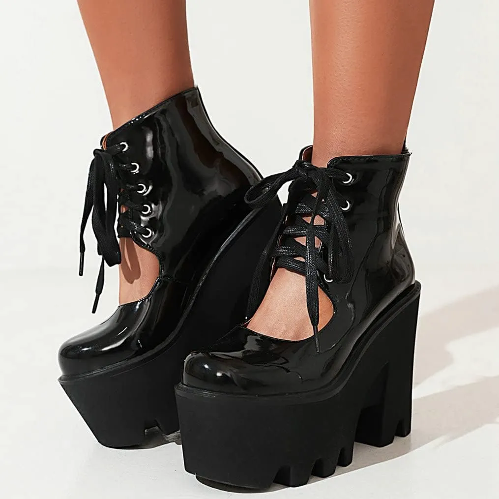 Meefit Women Patent Leather Lace Up Booties Chunky High Heel Platform Gladiator Pumps