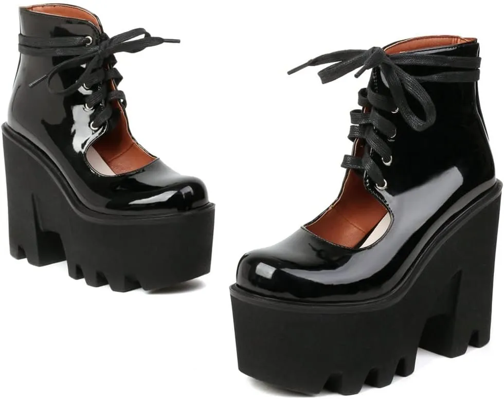 Meefit Women Patent Leather Lace Up Booties Chunky High Heel Platform Gladiator Pumps