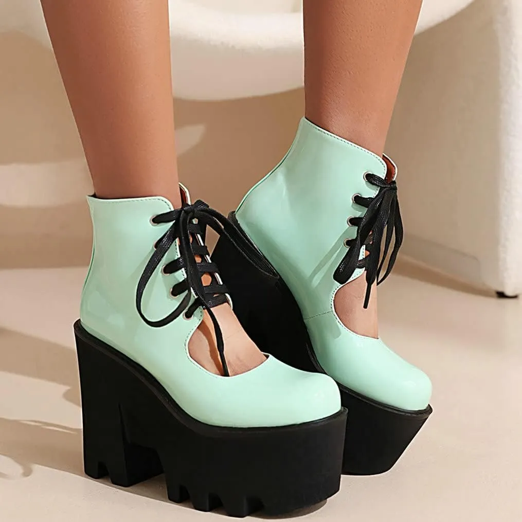 Meefit Women Patent Leather Lace Up Booties Chunky High Heel Platform Gladiator Pumps