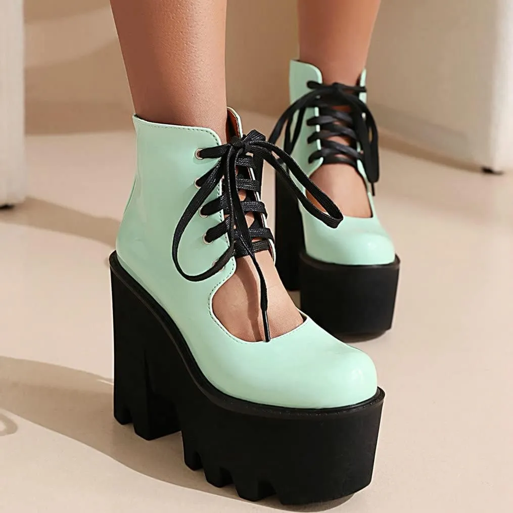 Meefit Women Patent Leather Lace Up Booties Chunky High Heel Platform Gladiator Pumps