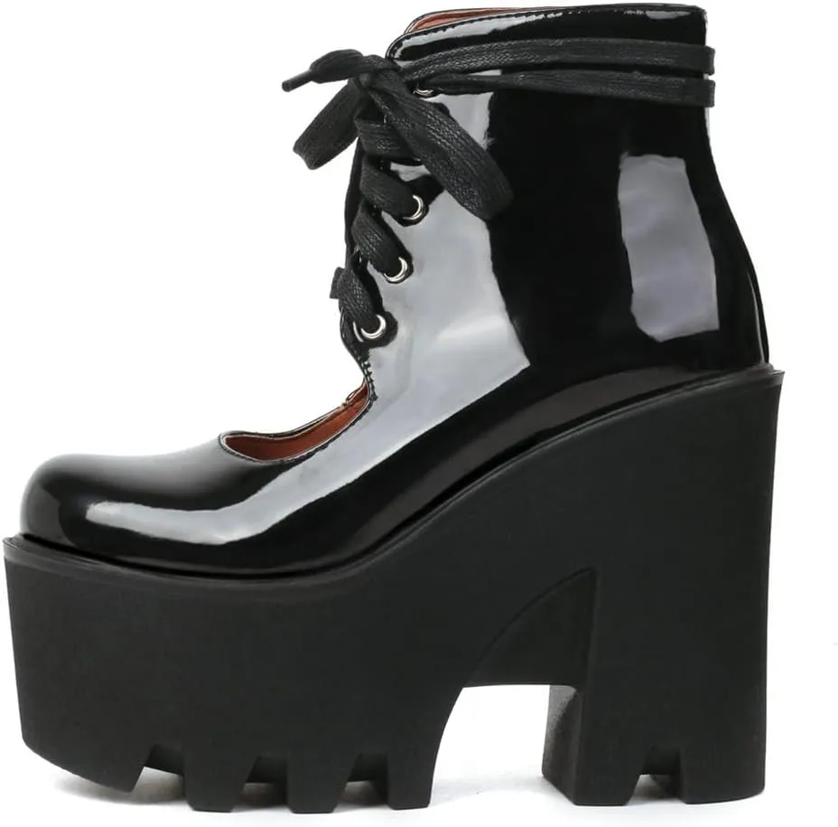 Meefit Women Patent Leather Lace Up Booties Chunky High Heel Platform Gladiator Pumps