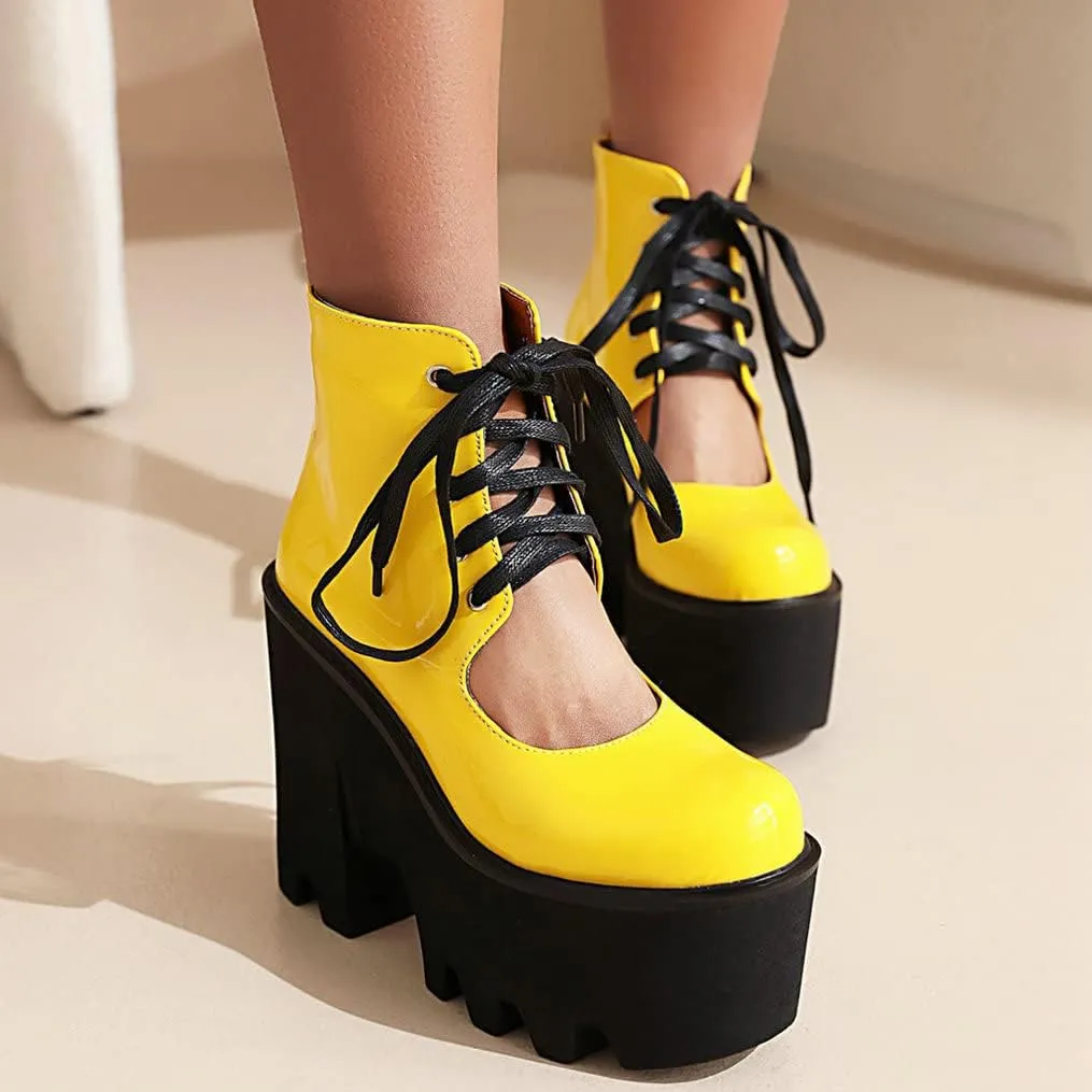 Meefit Women Patent Leather Lace Up Booties Chunky High Heel Platform Gladiator Pumps