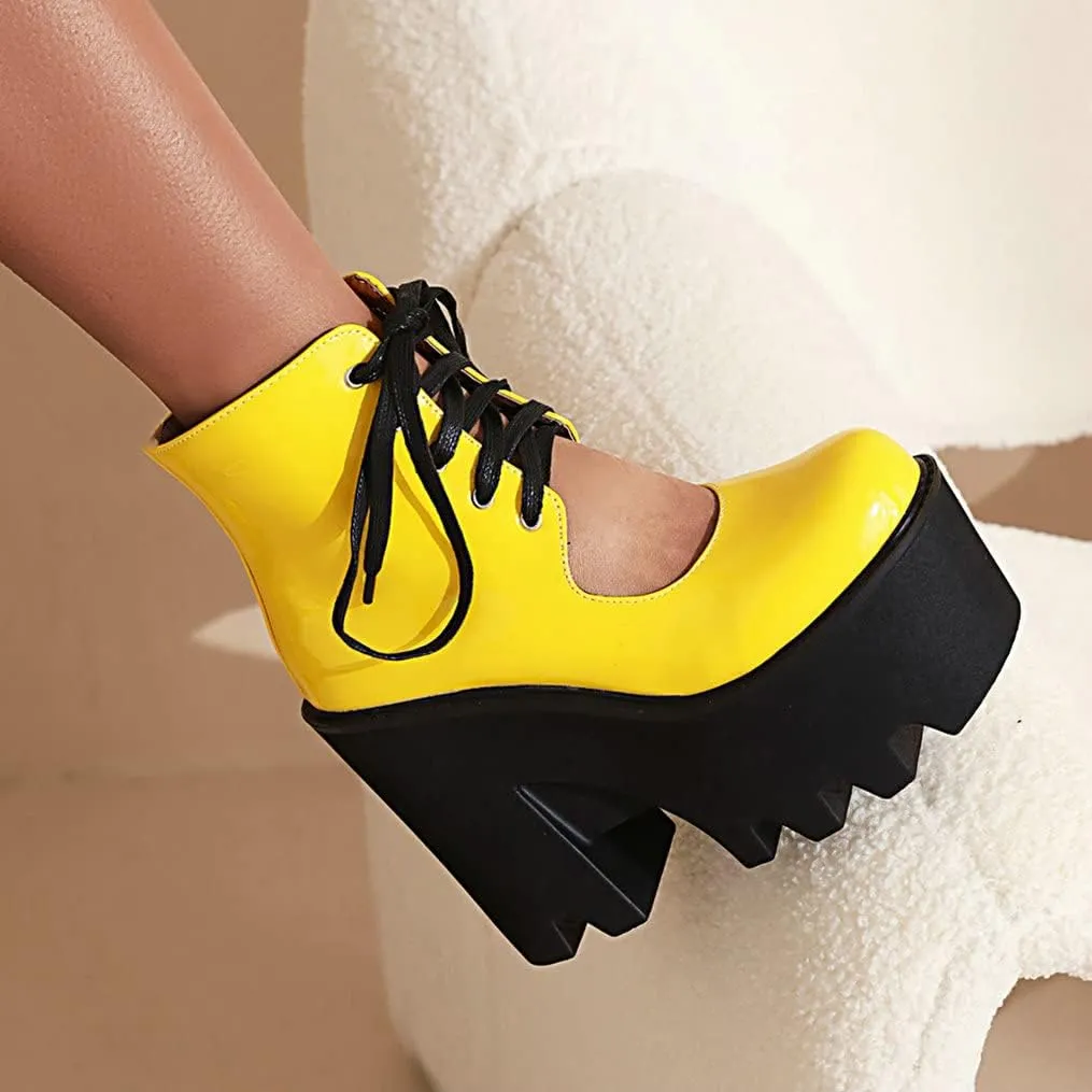 Meefit Women Patent Leather Lace Up Booties Chunky High Heel Platform Gladiator Pumps