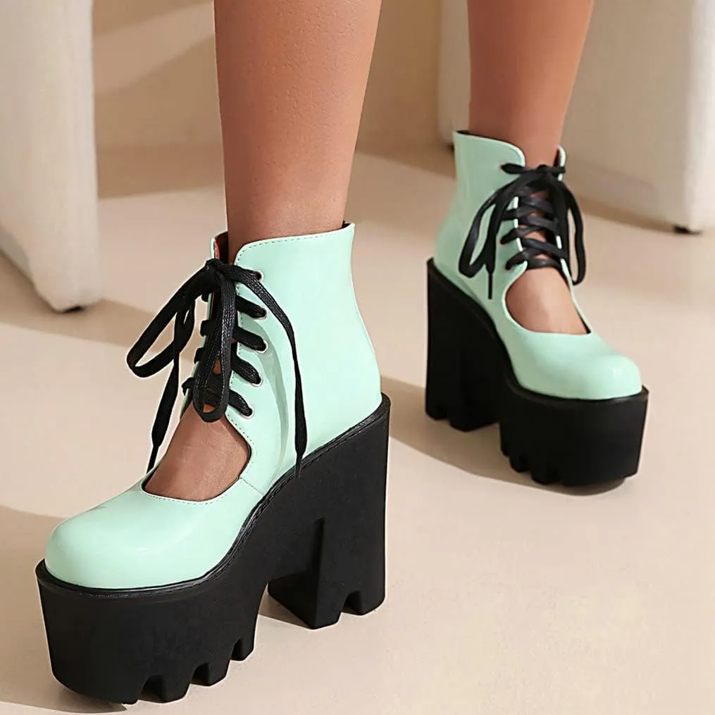 Meefit Women Patent Leather Lace Up Booties Chunky High Heel Platform Gladiator Pumps