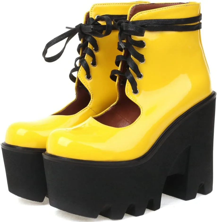 Meefit Women Patent Leather Lace Up Booties Chunky High Heel Platform Gladiator Pumps