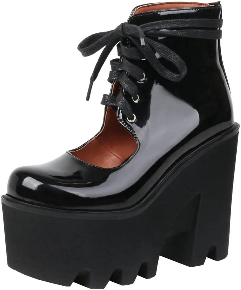 Meefit Women Patent Leather Lace Up Booties Chunky High Heel Platform Gladiator Pumps