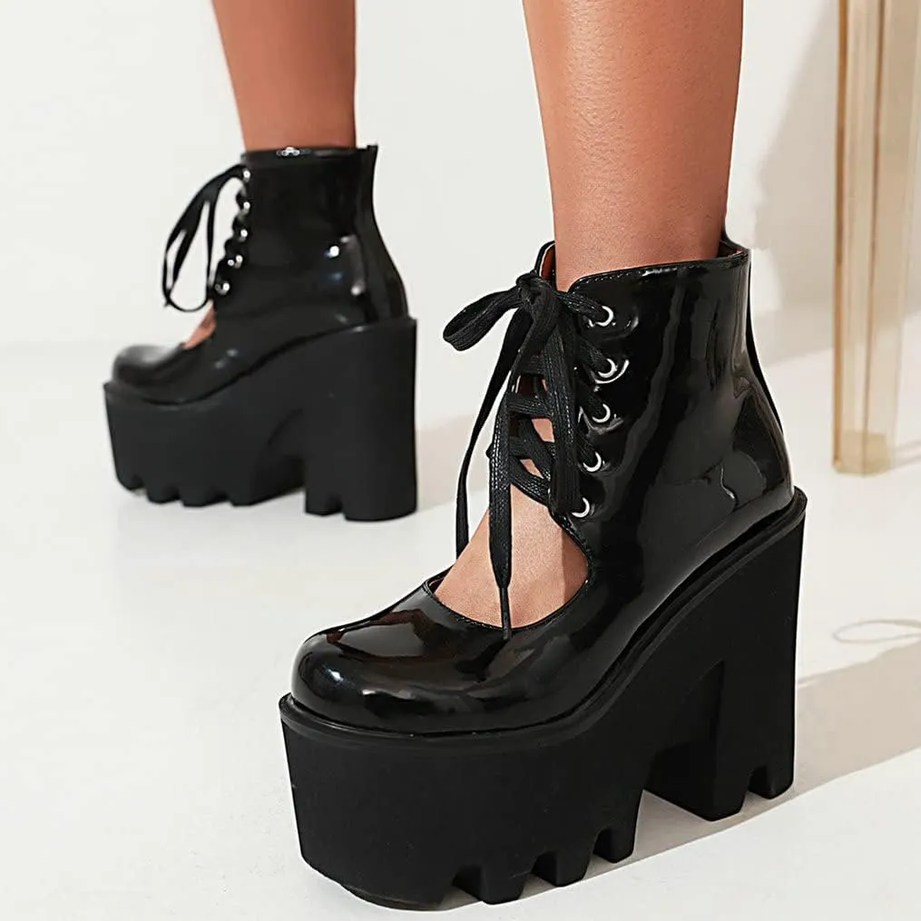Meefit Women Patent Leather Lace Up Booties Chunky High Heel Platform Gladiator Pumps