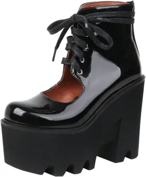 Meefit Women Patent Leather Lace Up Booties Chunky High Heel Platform Gladiator Pumps