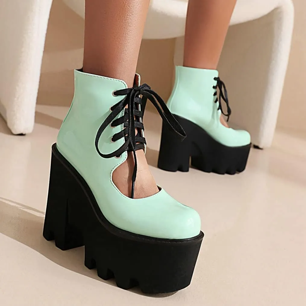 Meefit Women Patent Leather Lace Up Booties Chunky High Heel Platform Gladiator Pumps