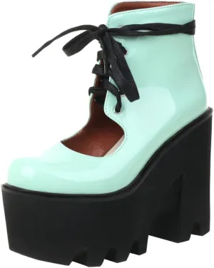 Meefit Women Patent Leather Lace Up Booties Chunky High Heel Platform Gladiator Pumps