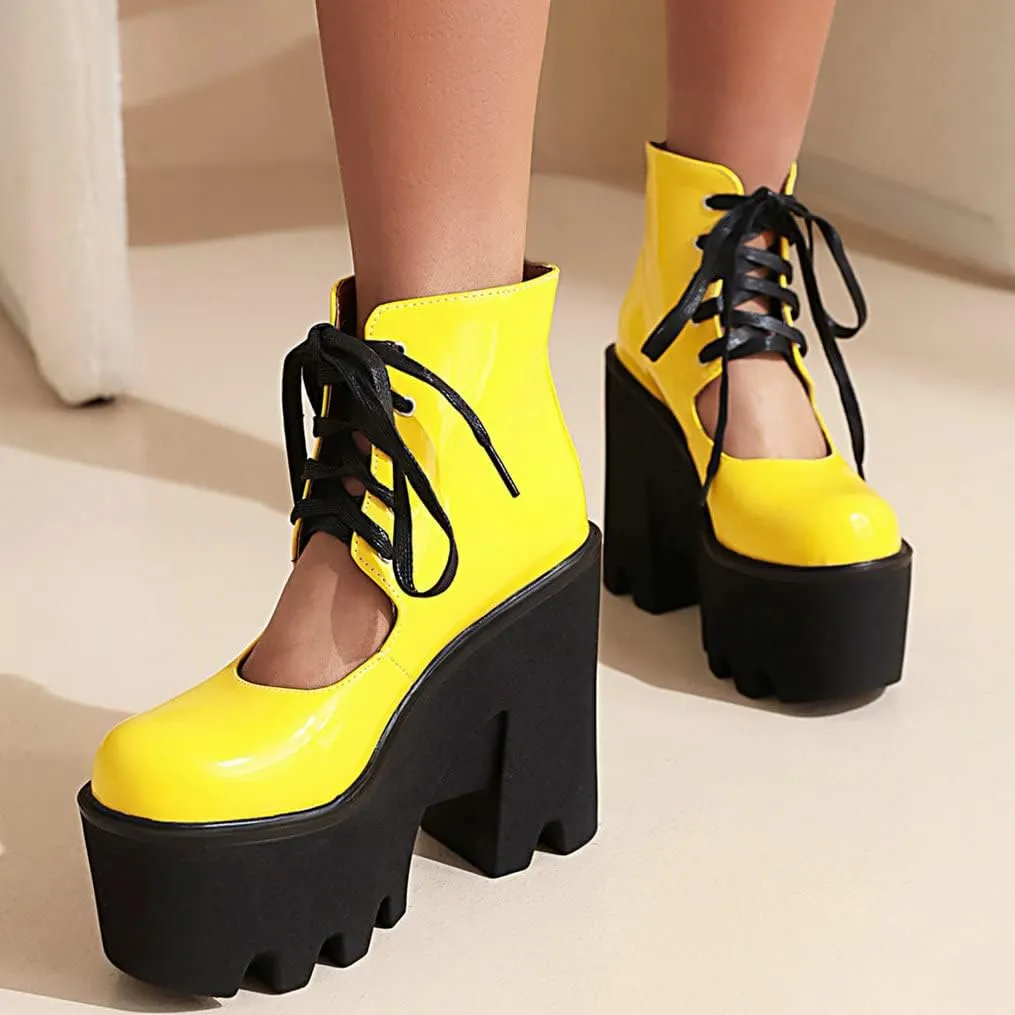 Meefit Women Patent Leather Lace Up Booties Chunky High Heel Platform Gladiator Pumps
