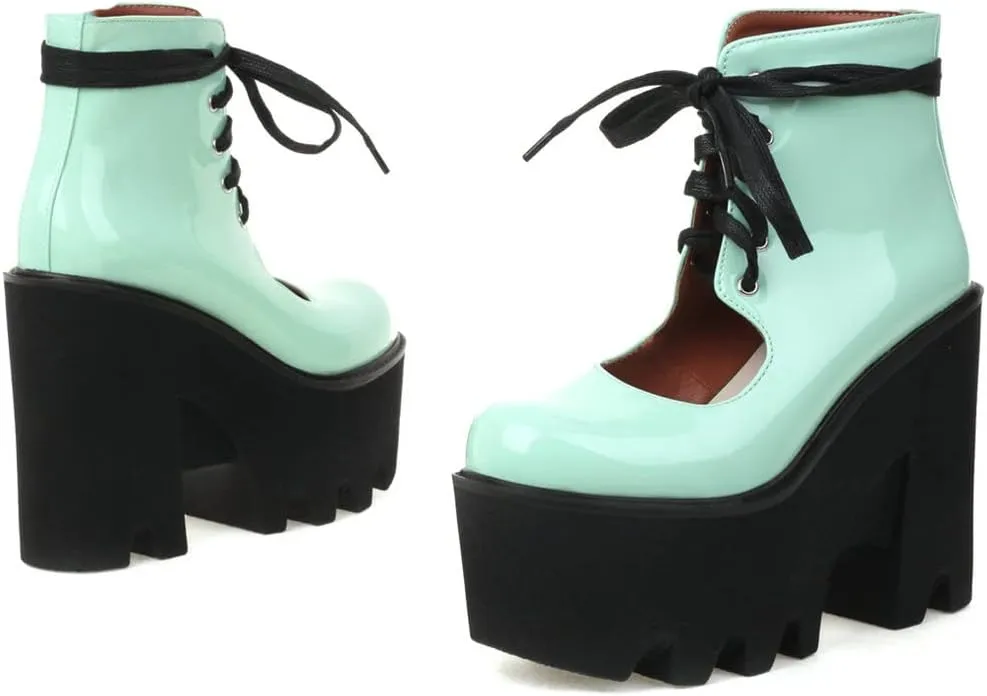 Meefit Women Patent Leather Lace Up Booties Chunky High Heel Platform Gladiator Pumps