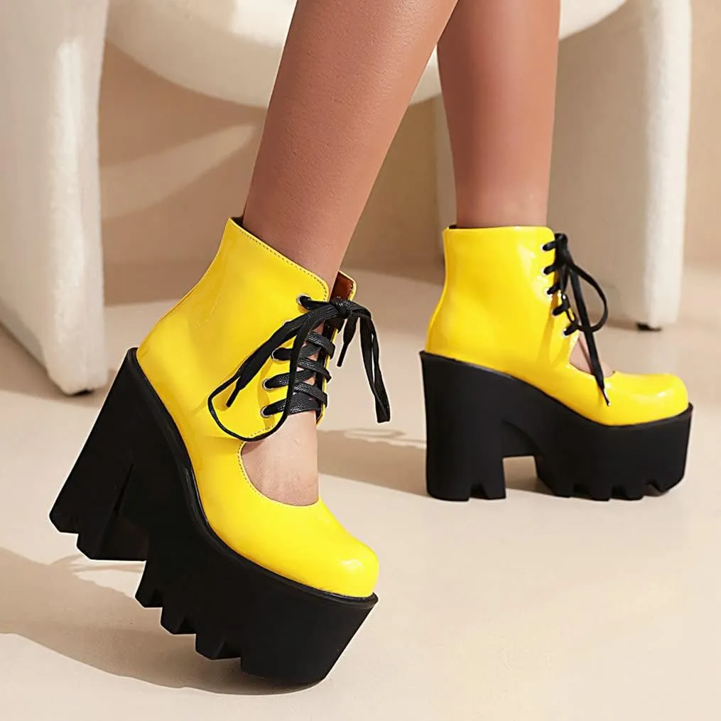 Meefit Women Patent Leather Lace Up Booties Chunky High Heel Platform Gladiator Pumps