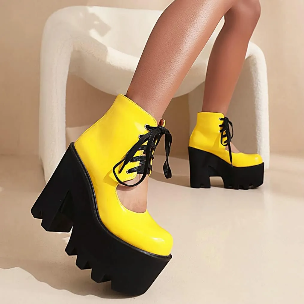 Meefit Women Patent Leather Lace Up Booties Chunky High Heel Platform Gladiator Pumps