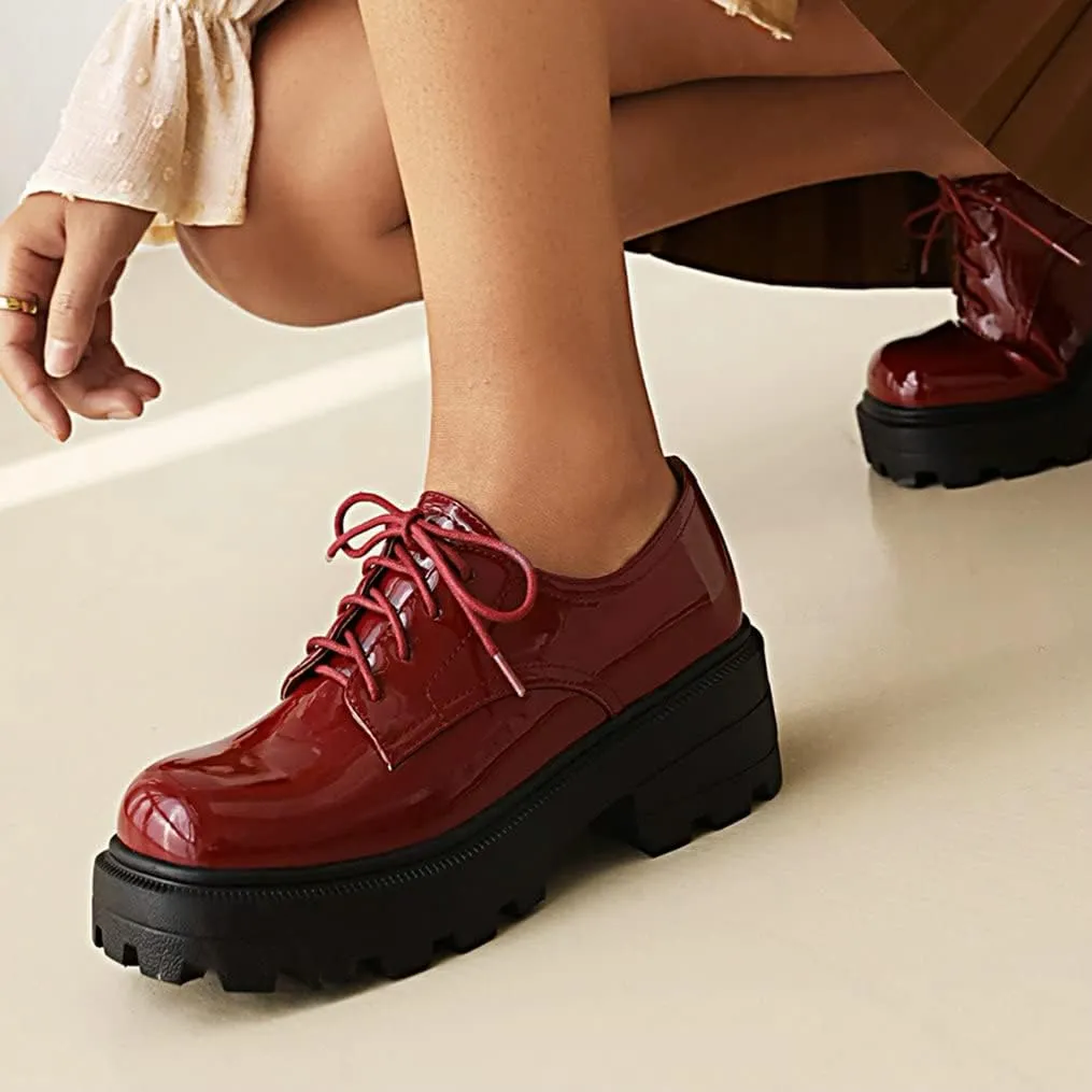 Meefit Women Patent Leather Oxford Shoes Chunky Heel Lace Up Platform Pumps