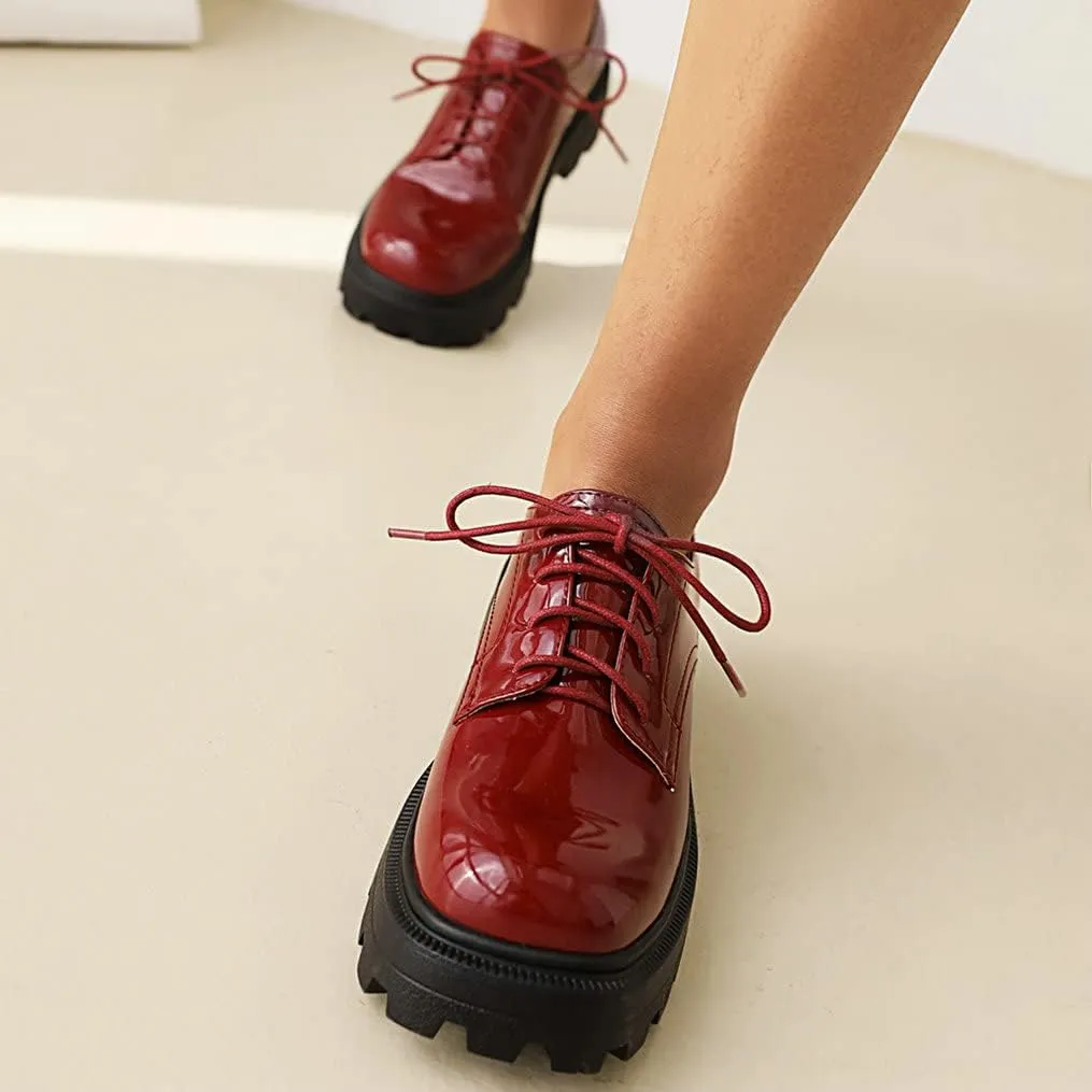 Meefit Women Patent Leather Oxford Shoes Chunky Heel Lace Up Platform Pumps