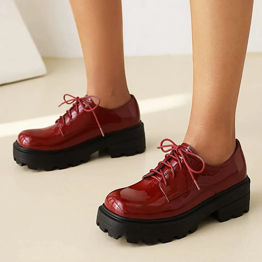 Meefit Women Patent Leather Oxford Shoes Chunky Heel Lace Up Platform Pumps