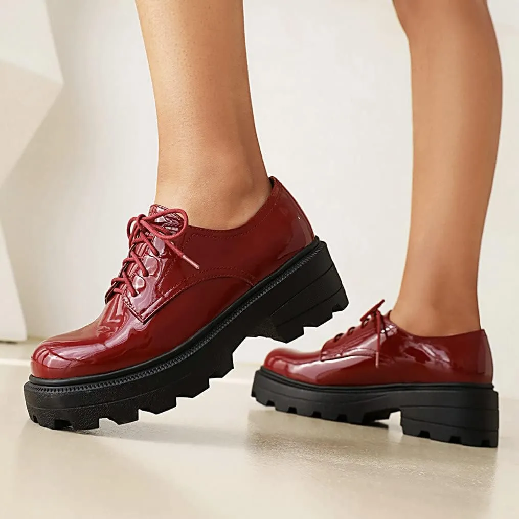 Meefit Women Patent Leather Oxford Shoes Chunky Heel Lace Up Platform Pumps
