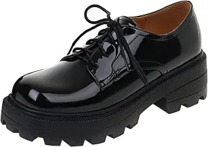 Meefit Women Patent Leather Oxford Shoes Chunky Heel Lace Up Platform Pumps