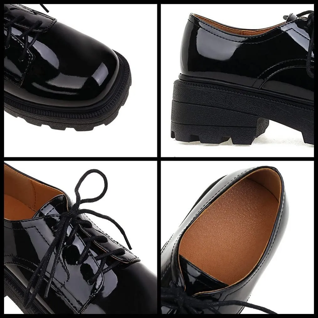 Meefit Women Patent Leather Oxford Shoes Chunky Heel Lace Up Platform Pumps