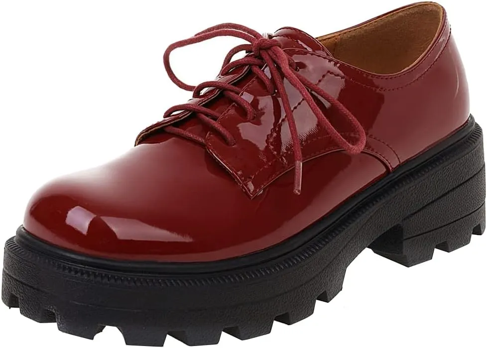 Meefit Women Patent Leather Oxford Shoes Chunky Heel Lace Up Platform Pumps