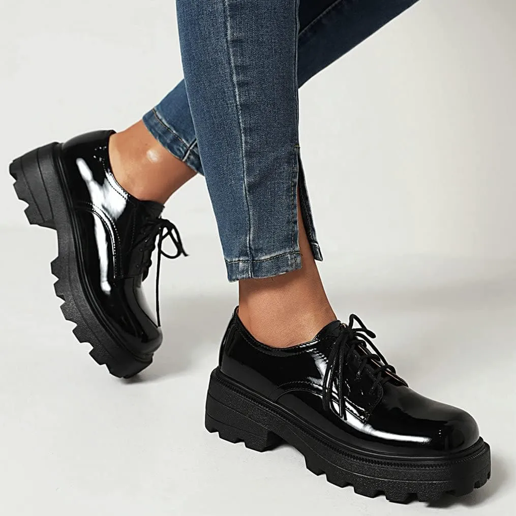 Meefit Women Patent Leather Oxford Shoes Chunky Heel Lace Up Platform Pumps