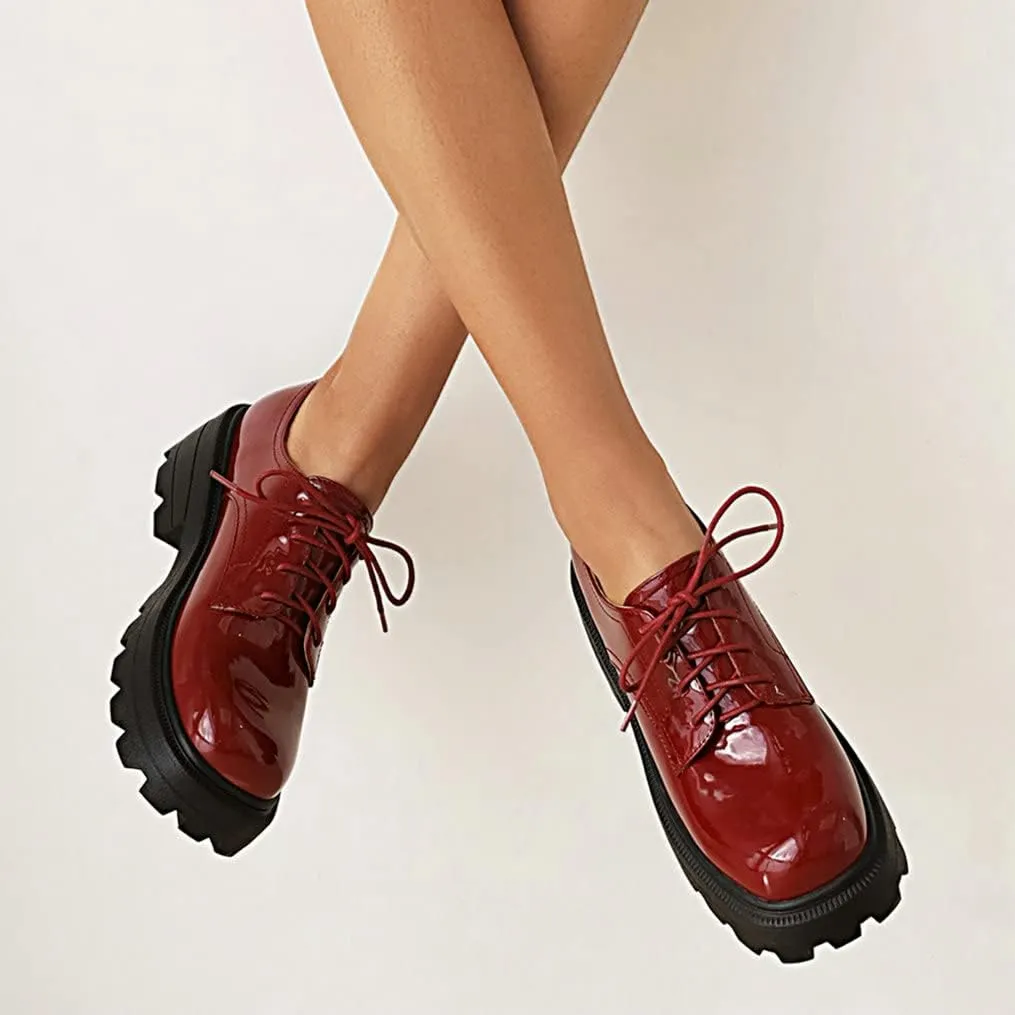 Meefit Women Patent Leather Oxford Shoes Chunky Heel Lace Up Platform Pumps