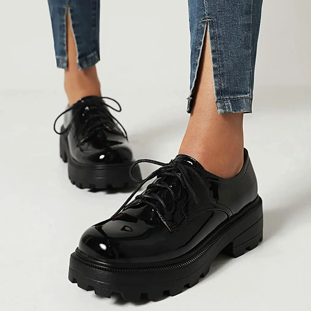 Meefit Women Patent Leather Oxford Shoes Chunky Heel Lace Up Platform Pumps