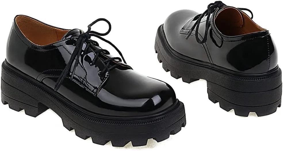 Meefit Women Patent Leather Oxford Shoes Chunky Heel Lace Up Platform Pumps