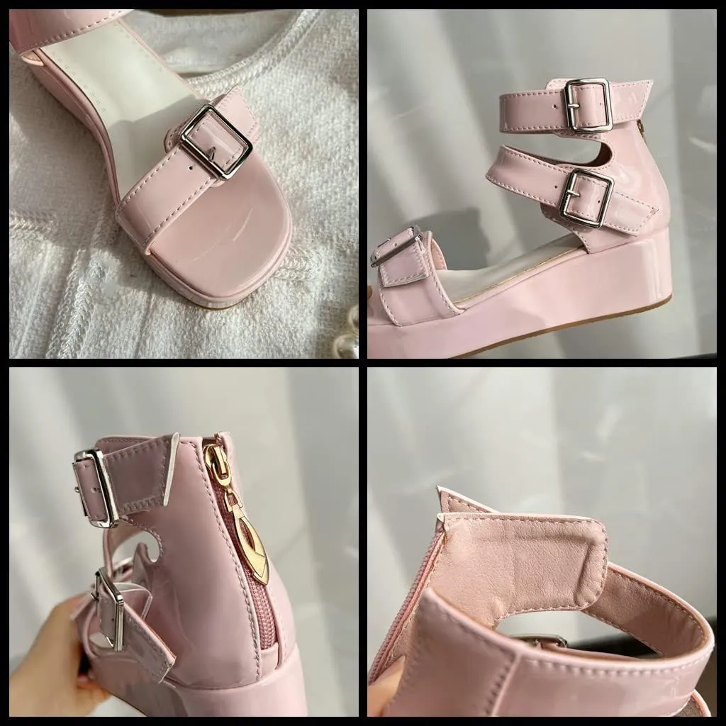 Meefit Women Patent Platform Wedge Sandals Open Toe Ankle Strap High Heel Sandals
