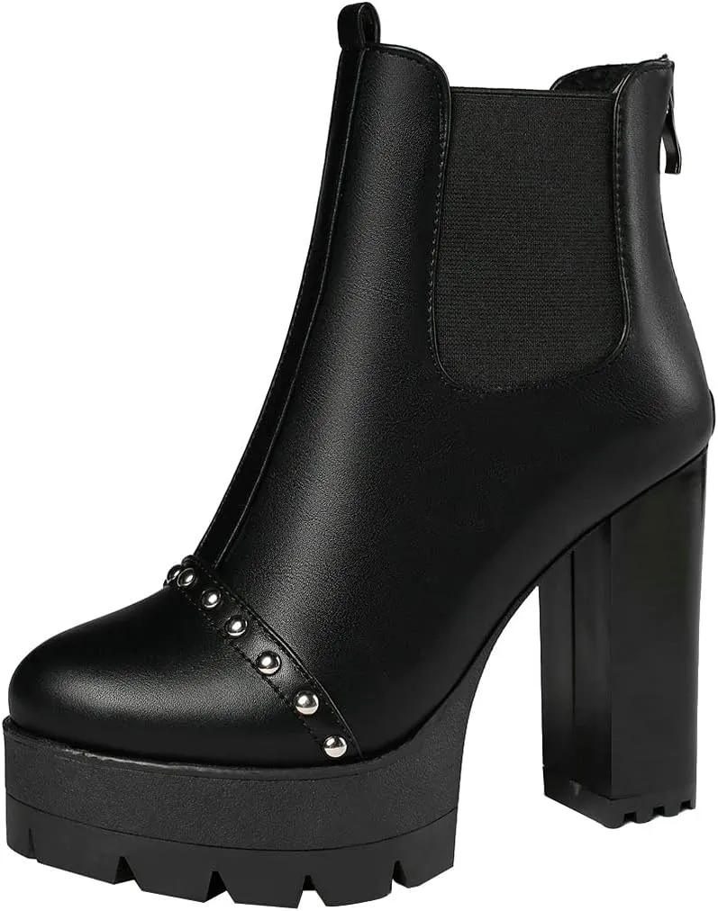 Meefit Women Platform Chelsea Boots Patent Leather Block Heel Elastic Ankle Boots Slip On