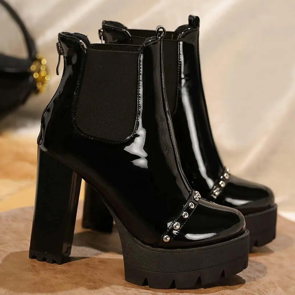 Meefit Women Platform Chelsea Boots Patent Leather Block Heel Elastic Ankle Boots Slip On