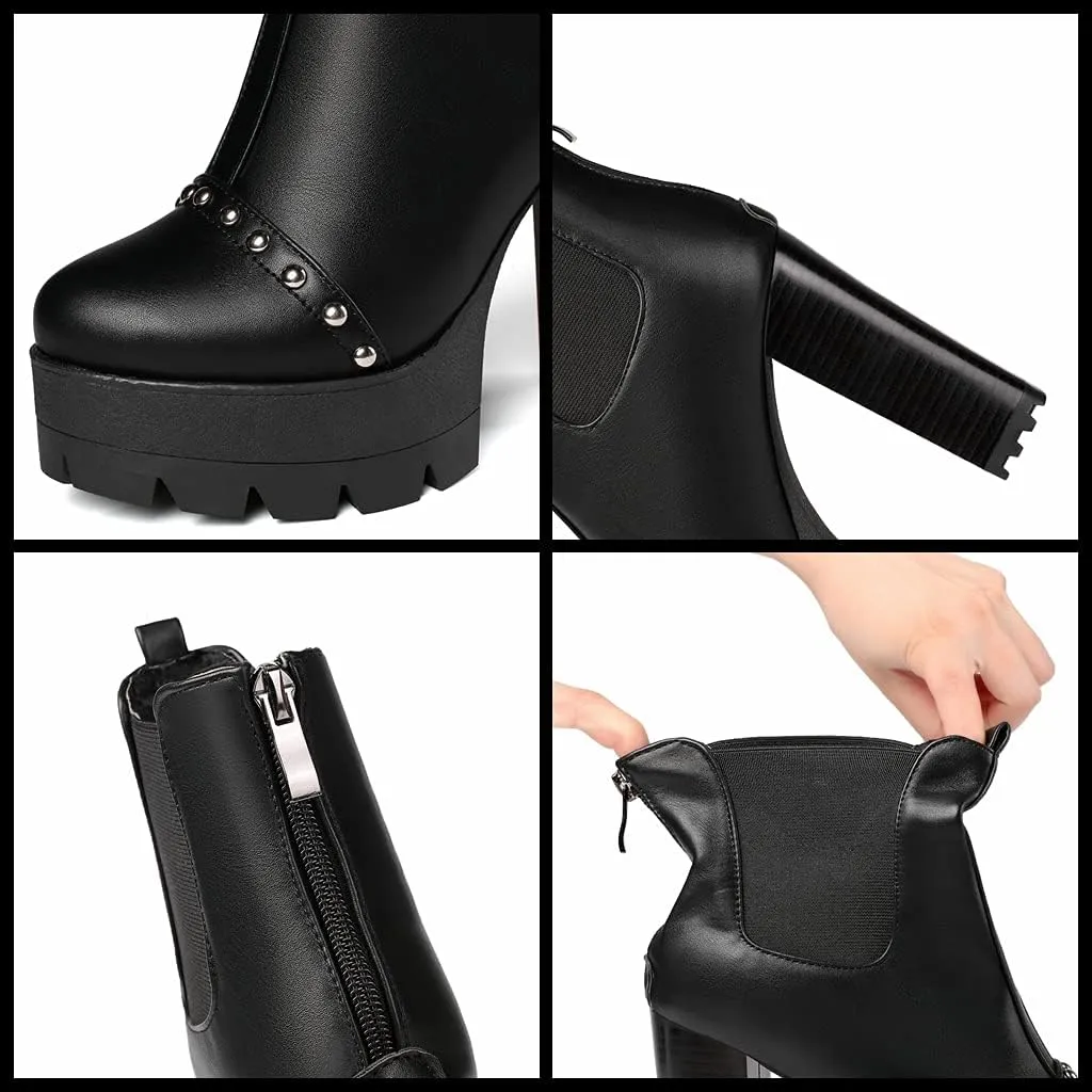 Meefit Women Platform Chelsea Boots Patent Leather Block Heel Elastic Ankle Boots Slip On