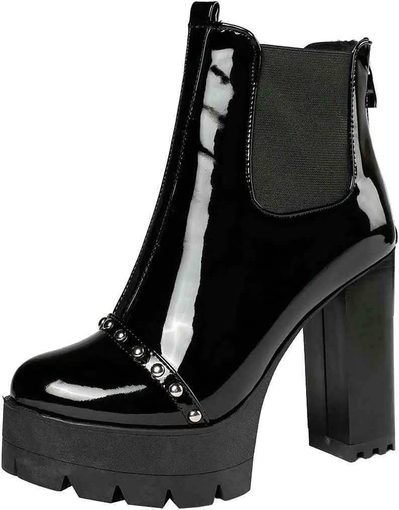 Meefit Women Platform Chelsea Boots Patent Leather Block Heel Elastic Ankle Boots Slip On