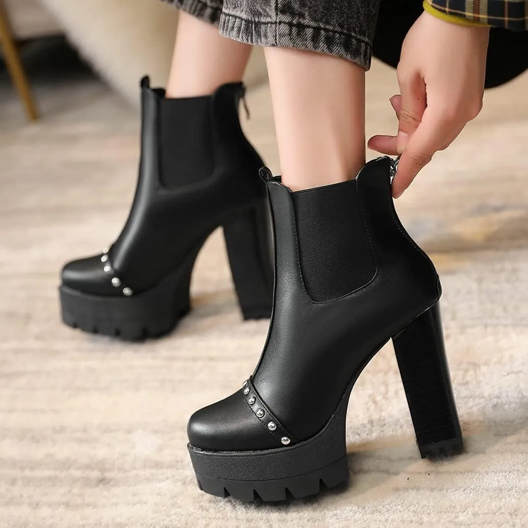 Meefit Women Platform Chelsea Boots Patent Leather Block Heel Elastic Ankle Boots Slip On