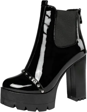Meefit Women Platform Chelsea Boots Patent Leather Block Heel Elastic Ankle Boots Slip On