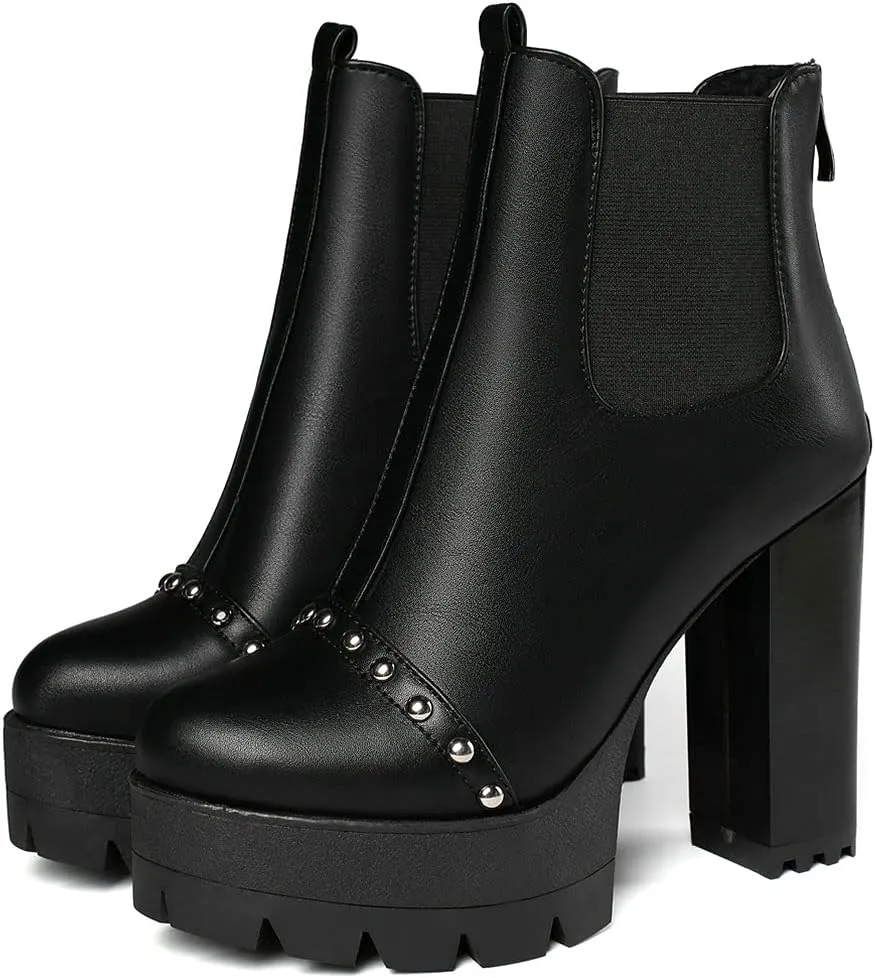 Meefit Women Platform Chelsea Boots Patent Leather Block Heel Elastic Ankle Boots Slip On