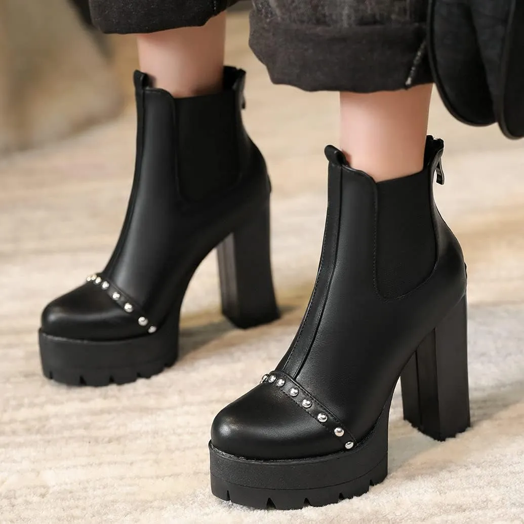 Meefit Women Platform Chelsea Boots Patent Leather Block Heel Elastic Ankle Boots Slip On