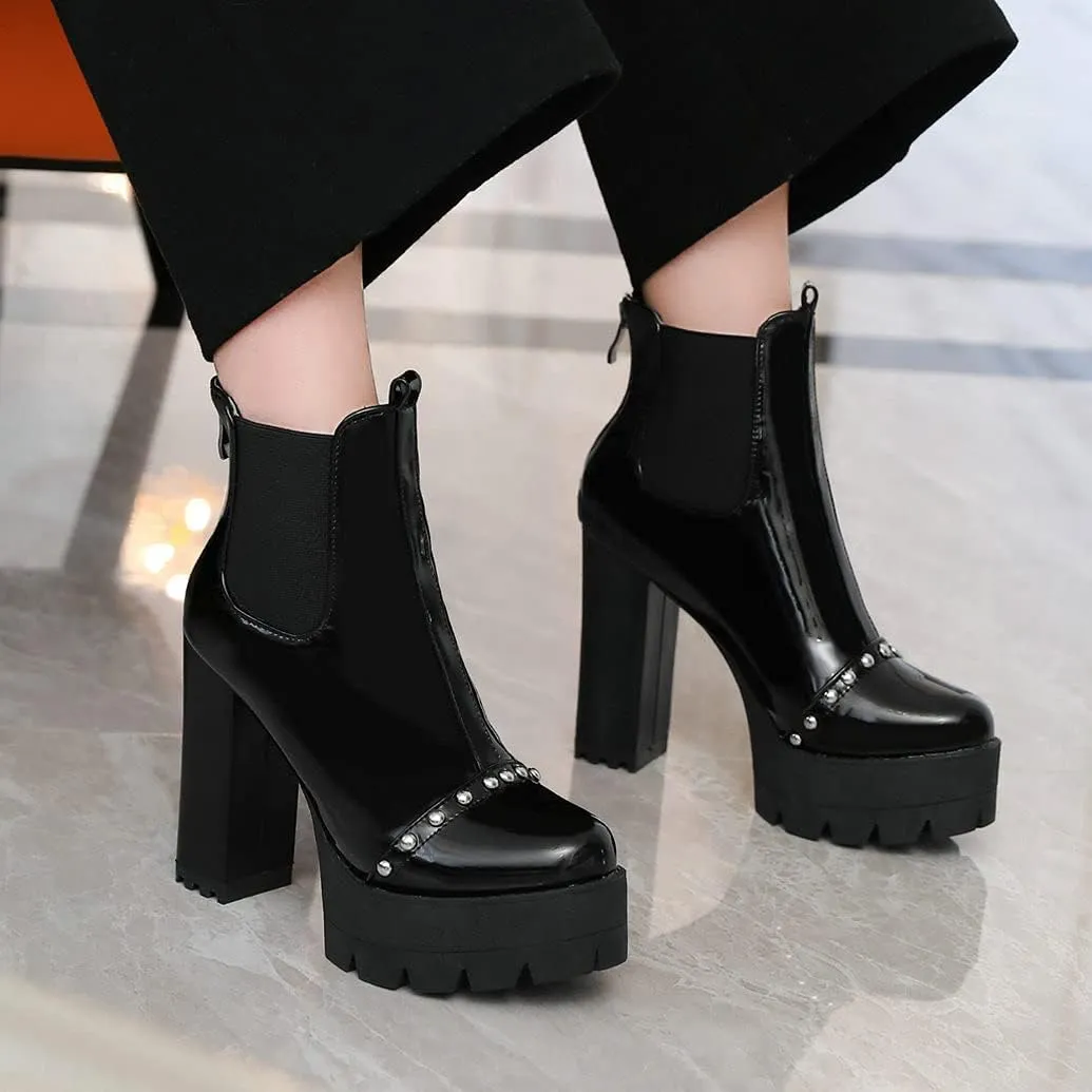 Meefit Women Platform Chelsea Boots Patent Leather Block Heel Elastic Ankle Boots Slip On