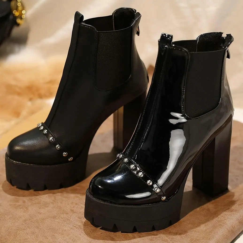 Meefit Women Platform Chelsea Boots Patent Leather Block Heel Elastic Ankle Boots Slip On