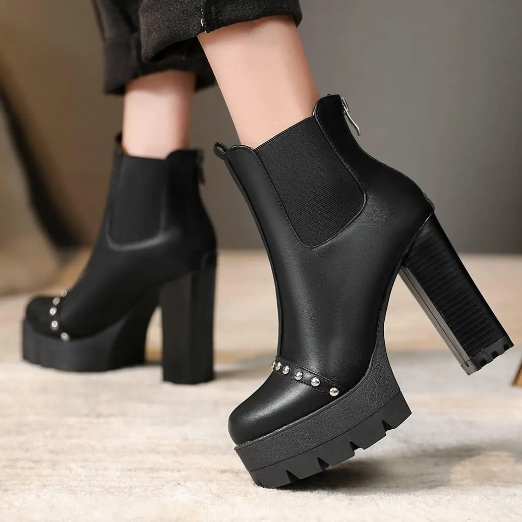 Meefit Women Platform Chelsea Boots Patent Leather Block Heel Elastic Ankle Boots Slip On