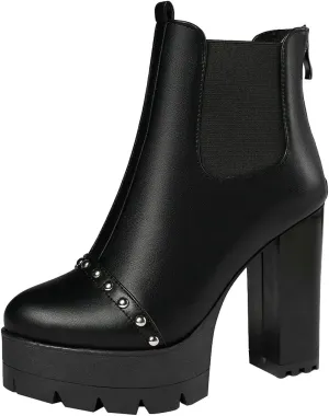 Meefit Women Platform Chelsea Boots Patent Leather Block Heel Elastic Ankle Boots Slip On