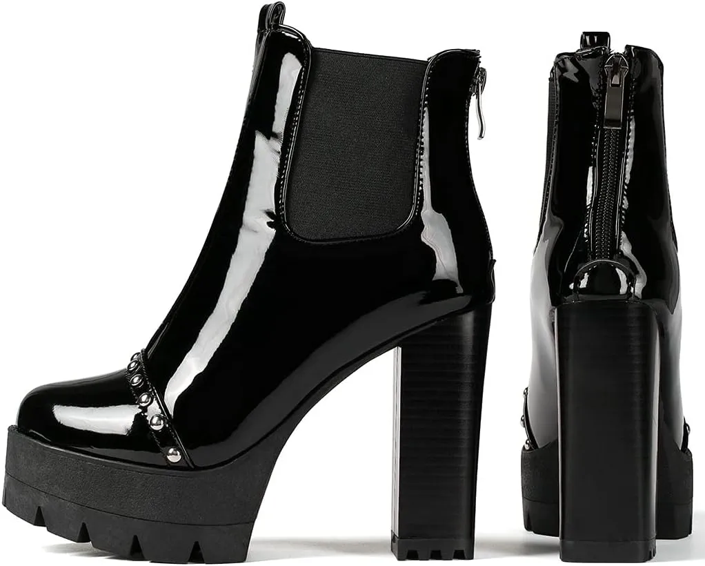 Meefit Women Platform Chelsea Boots Patent Leather Block Heel Elastic Ankle Boots Slip On